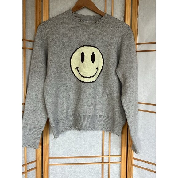 Miss Sparkling Graphic Smiley Face Distressed Hem Sweater Women’s Small Gray - Picture 1 of 8